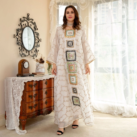 Damen Böhmisches Ethno Maxi Kleid Elegant Pailletten Stickerei Kaftan Langarm Astmuster Party Hochzeit Abaya Kleid