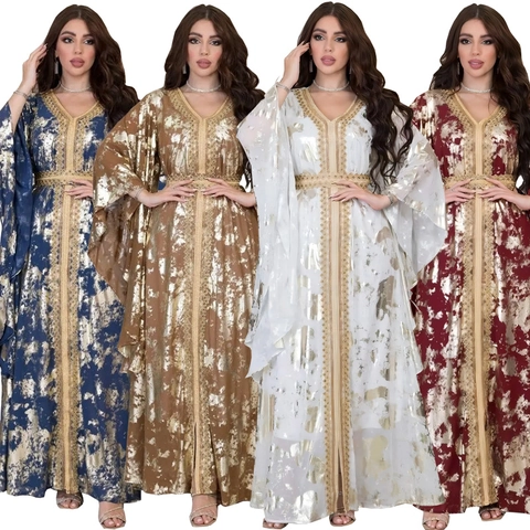Luxus Goldfolie Chiffon Kaftan Abaya Für Damen V-Ausschnitt Glockenärmel Maxikleid Mit Gürtel Naher Osten Ethno Kleid