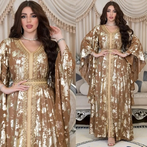 Luxus Goldfolie Chiffon Kaftan Abaya Für Damen V-Ausschnitt Glockenärmel Maxikleid Mit Gürtel Naher Osten Ethno Kleid