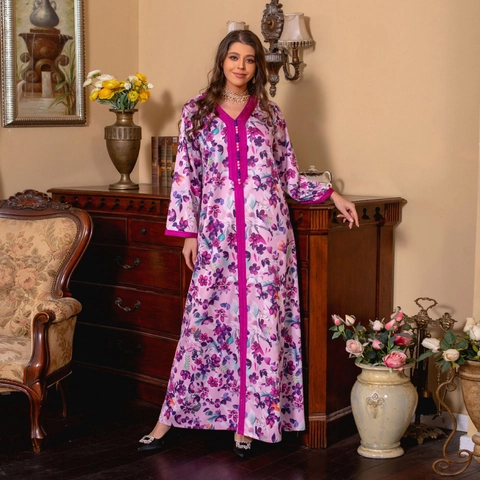Damen Vintage Blumen Kaftan Maxi Kleid V-Ausschnitt Langarm Ethno Abaya Mit Bestickter Kante Pink Violett Boho Party Kleid