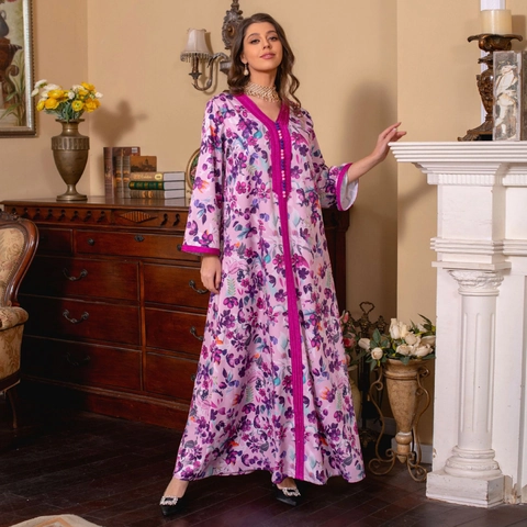 Damen Vintage Blumen Kaftan Maxi Kleid V-Ausschnitt Langarm Ethno Abaya Mit Bestickter Kante Pink Violett Boho Party Kleid