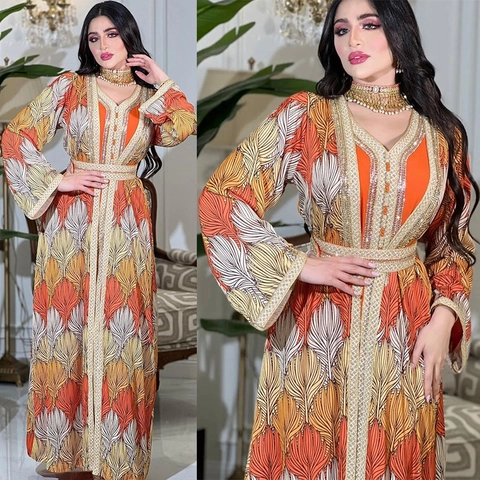 Robe Longue Kaftan Ethnique Pour Femmes Et Sous-pull Polyester Orange Imprimé Feuille Strass Abaya Pour Fête Musulmane