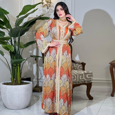 Robe Longue Kaftan Ethnique Pour Femmes Et Sous-pull Polyester Orange Imprimé Feuille Strass Abaya Pour Fête Musulmane