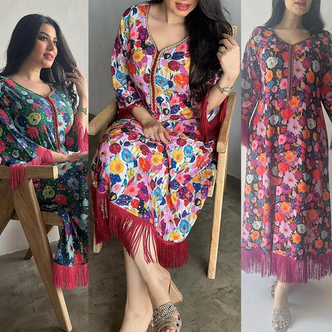 Women's Ethnic Floral Maxi Dress V-Neck Tassel Hem Bohemian Kaftan Long Sleeve Printed Polyester Vacation Dress For Lady