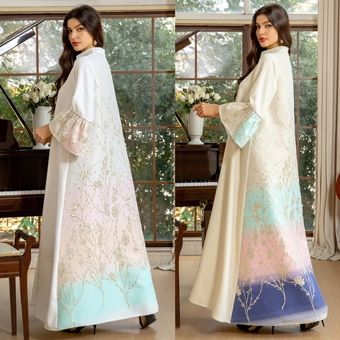 Elegantes Damen Besticktes Abaya Maxikleid Jacquard Farbverlauf Glockenärmel Stehkragen Nahost Ethno Kaftan Hochzeit