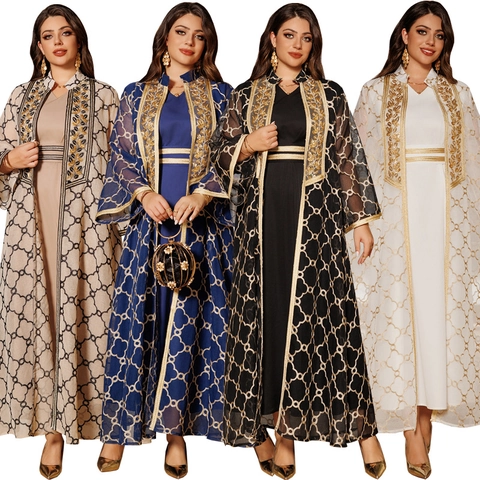 Damen Ethnisch Bestickt Kaftan Rock Set Polyester Pailletten Maxi Kleid Mit Strickjacke Top Und Bottom Für Bankett Hochzeit