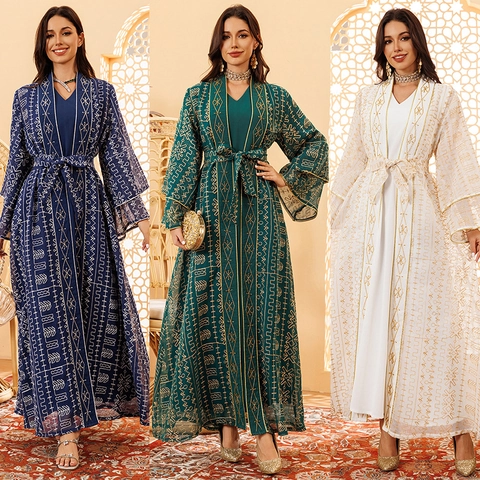 Damen Elegantes Stickerei Mesh Abaya Kaftan Zweiteiliges Set Mit Gürtel Glockenärmel Langes Kleid Für Party Hochzeit