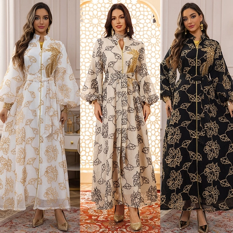 Lussuoso Vestito Etnico Jalabiya Maxi Ricamo Foglia d'Oro Manica a Lanterna Kaftan Veste da Sera per Donna