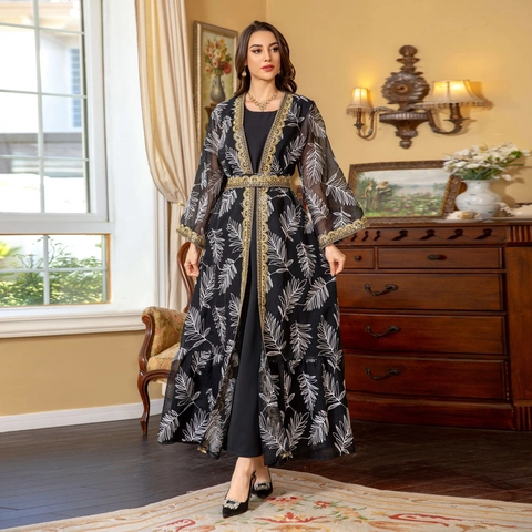 Damen Ethnisch Stickerei Abaya Kaftan Zweiteiler Schwarz Weiß Blattmuster Maxi Kleid Mit Gürtel Gold Spitze Patchwork Robe