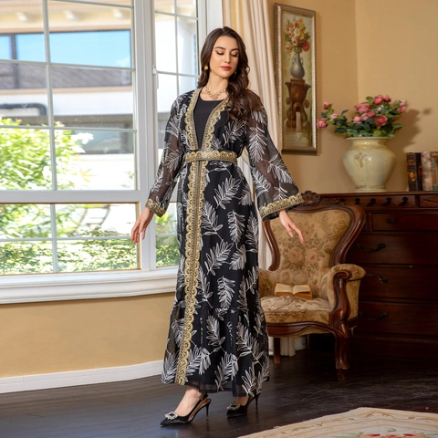 Damen Ethnisch Stickerei Abaya Kaftan Zweiteiler Schwarz Weiß Blattmuster Maxi Kleid Mit Gürtel Gold Spitze Patchwork Robe