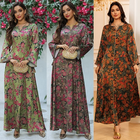 Women Floral Print Maxi Dress Long Sleeve V-Neck Ethnic Kaftan Abaya Rhinestone Trim Elegant Long Robe Evening Party Gown