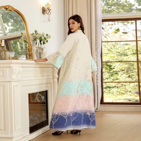 Elegantes Damen Besticktes Abaya Maxikleid Jacquard Farbverlauf Glockenärmel Stehkragen Nahost Ethno Kaftan Hochzeit