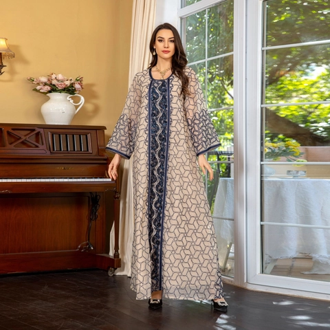 Damen Elegantes Ethno-Maxikleid Mit Paillettenstickerei Langarm Netz Kaftan Abaya Party Abendkleid