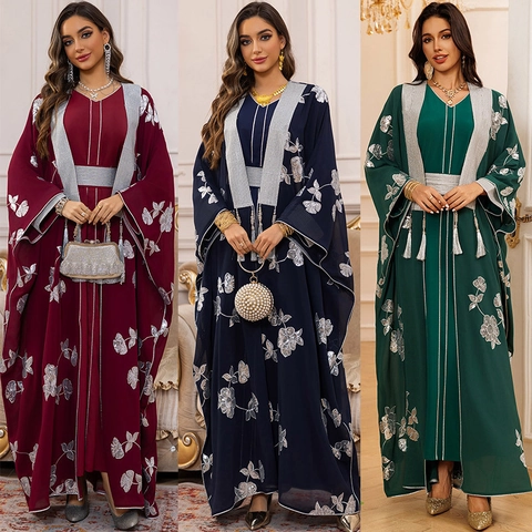 Women's Ethnic Abaya Outer Gown Inner Vest Dress And Belt Floral Embroidery Tassel Pullover Maxi Dress For Festive Party