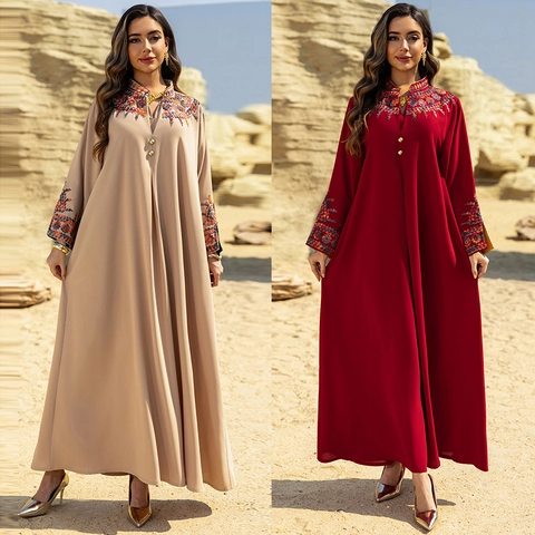 Dames Geborduurd Abaya Kaftan Maxi Jurk Etnisch Bloemenborduurwerk Opstaande Kraag Lange Mouwen Midden-Oosterse Gewaad
