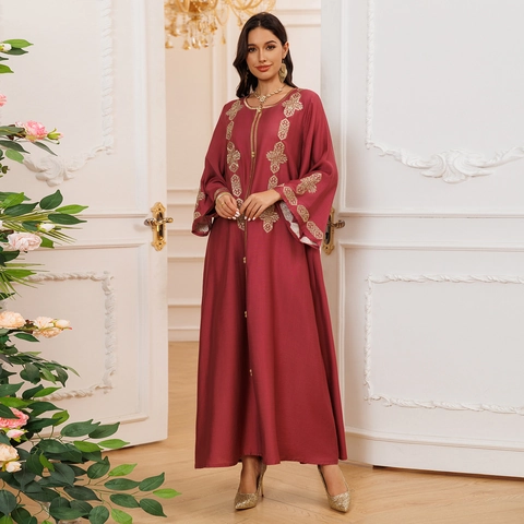 Damen Muslim Abaya Kaftan Kleid Elegant Gold Stickerei Langarm Mittlerer Osten Ethno Maxi Satin Party Gewand