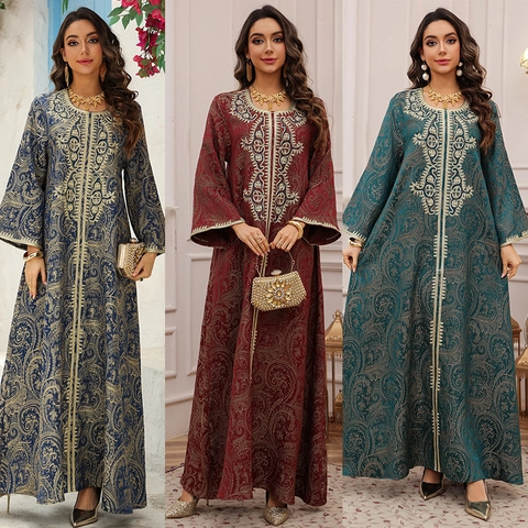 Damen Elegant Jacquard Stickerei Kaftan Maxikleid Langarm Ethno Muslimische Abaya Abendgesellschaft Kleid Für Damen