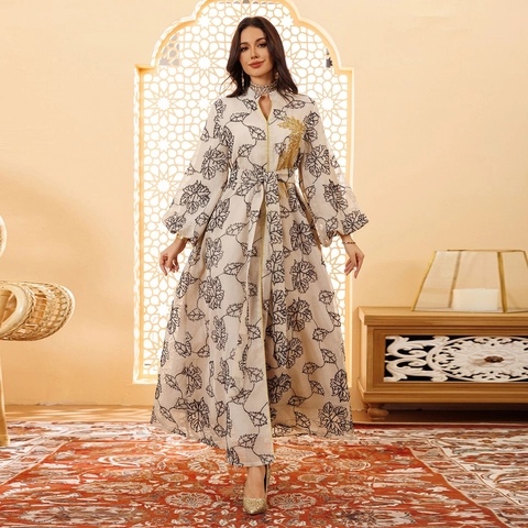 Lussuoso Vestito Etnico Jalabiya Maxi Ricamo Foglia d'Oro Manica a Lanterna Kaftan Veste da Sera per Donna