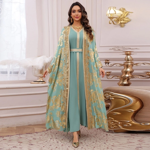 Women Mint Green Gold Bronzing Kaftan Abaya Two Piece Dress With Inner Dress And Outer Robe Ethnic Party Floral Maxi Dress