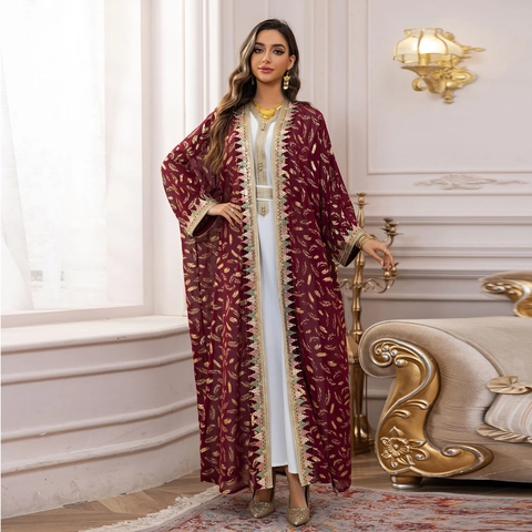 Mujer Étnico Estampado Dorado Pluma Chifón Abaya Y Vestido Interior Blanco Kaftán Bordado Cárdigan Túnica Larga Ropa Tradicional Fiesta