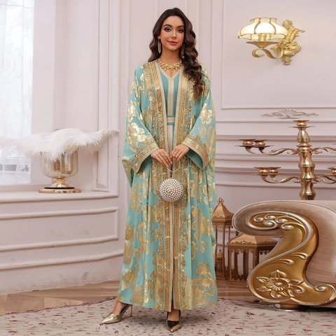 Women Mint Green Gold Bronzing Kaftan Abaya Two Piece Dress With Inner Dress And Outer Robe Ethnic Party Floral Maxi Dress