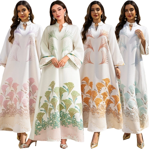 Damen Ethnisch Jacquard Abaya Kaftan Langarm Maxi Kleid Mit Blumen Stickerei Und Strass Für Party Religiöse Mode