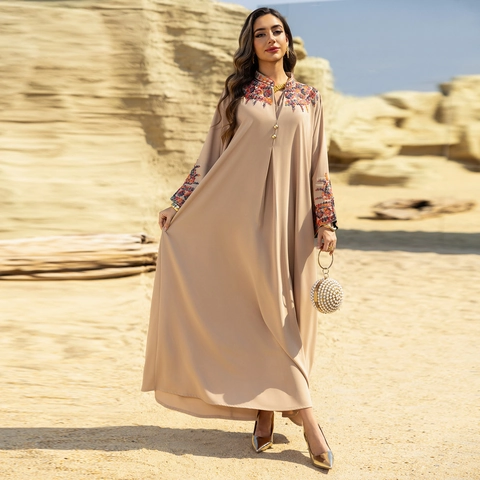 Dames Geborduurd Abaya Kaftan Maxi Jurk Etnisch Bloemenborduurwerk Opstaande Kraag Lange Mouwen Midden-Oosterse Gewaad
