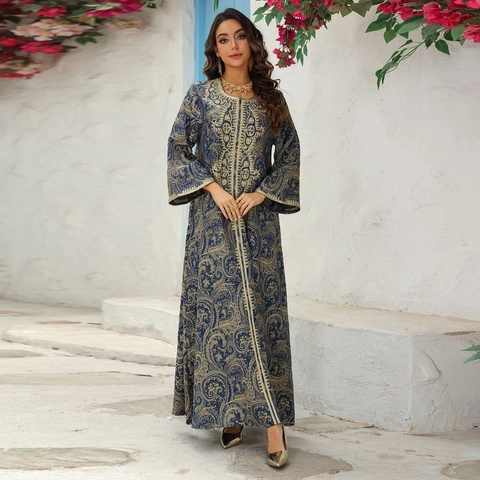 Damen Elegant Jacquard Stickerei Kaftan Maxikleid Langarm Ethno Muslimische Abaya Abendgesellschaft Kleid Für Damen
