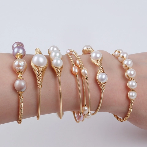 Handmade Natural Freshwater Pearl Bracelet For Women Vintage Gold Plated Copper Wire Wrapped Open Bangle Wedding Jewelry