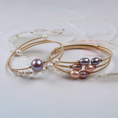 Handmade Natural Freshwater Pearl Bracelet For Women Vintage Gold Plated Copper Wire Wrapped Open Bangle Wedding Jewelry