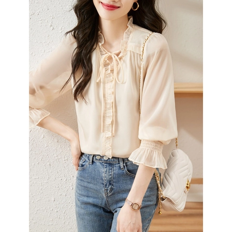Blouse en Chiffon Abricot Femme Élégante Col en V Bordure à Volants Manches Lanternes Top à Nouer Pour Bureau Quotidien
