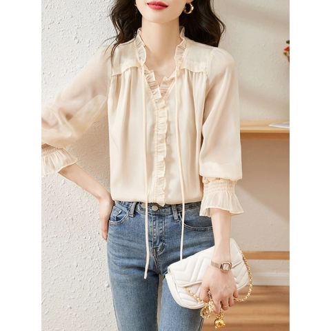 Blouse en Chiffon Abricot Femme Élégante Col en V Bordure à Volants Manches Lanternes Top à Nouer Pour Bureau Quotidien