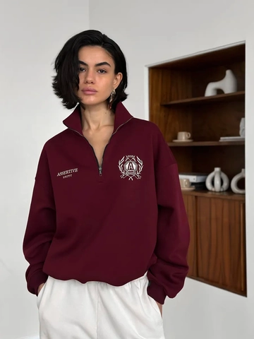 Felpa da Donna in Stile College Retrò Americano Con Mezza Zip Misto Cotone Fleece Oversize Colletto a Polo Top Pullover