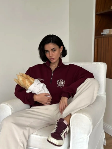 Felpa da Donna in Stile College Retrò Americano Con Mezza Zip Misto Cotone Fleece Oversize Colletto a Polo Top Pullover