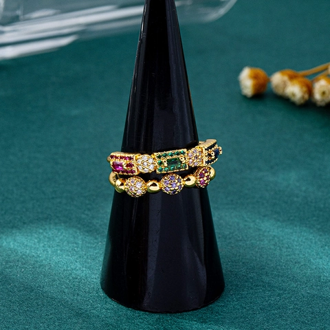 Bague Ouverte En Zircone Cubique Colorée Réglable Cuivre Double Couche Bijoux De Luxe Asymétriques Pour Femmes