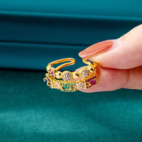 Bague Ouverte En Zircone Cubique Colorée Réglable Cuivre Double Couche Bijoux De Luxe Asymétriques Pour Femmes