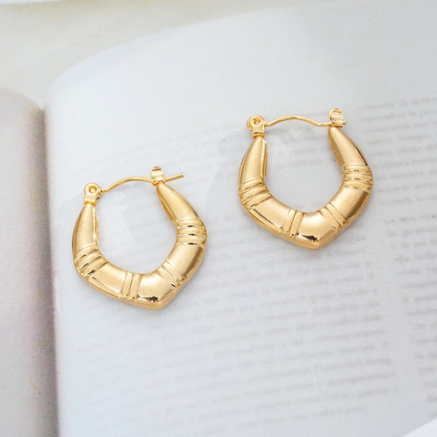 Geometric Hoop Earrings 18K Gold Plated Titanium Steel Textured Honeycomb Bamboo U-Shaped Minimalist High-End Style Women