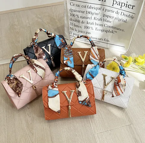Fashion Women Quilted Small Square Bag With Scarf Handle Metal V Logo Tassel Decor PU Leather Chain Crossbody Shoulder Handbag