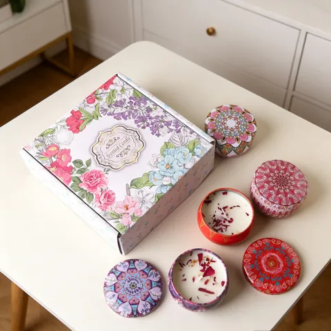 4 Pcs Scented Candles Gift Set Natural Soy Wax With Dried Flowers Mandala Tin Cans Aromatherapy For Birthday Wedding Christmas Gift