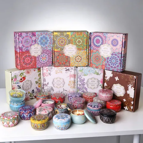 4 Pcs Scented Candles Gift Set Natural Soy Wax With Dried Flowers Mandala Tin Cans Aromatherapy For Birthday Wedding Christmas Gift