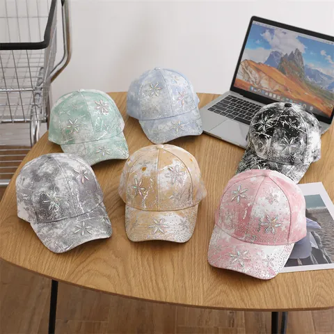 Fashion Kids Cotton Tie Dye Baseball Cap Rhinestone Sunflower Pattern Sunshade Adjustable Snapback Hat For Boys Girls