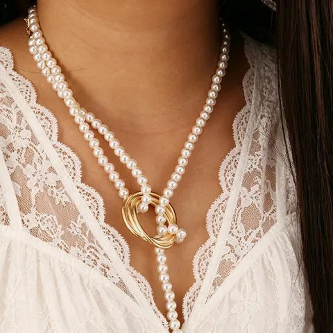 Vintage Artificial Pearl Necklace And Bracelet Gold Alloy Interlocking Rings Coin Portrait Pendant Retro Jewelry For Women