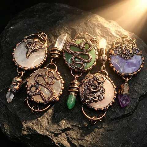 Retro Copper Crystal Pillar Pendant Necklace Gothic Dragon Snake Skull Lion Head Design Vintage Jewelry