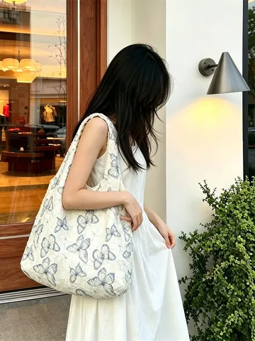 Damen Schmetterlingsdruck Tragetasche Große Kapazität Spitze Canvas Schultertasche Fransenkanten Lässiger Lazy Stil Student