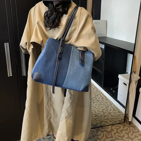 Women Large Capacity Denim Color Block Tote Bag Fashion Casual Shoulder Bag With PU Leather Handle Daily Shopping Bag