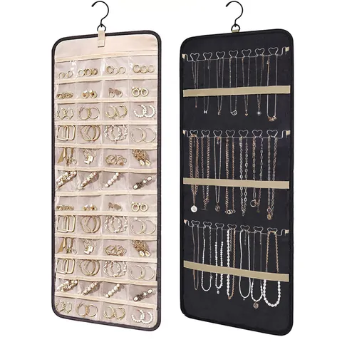 Dubbelzijdige Hangende Sieraden Organizer Met Transparante PVC Vakken en Metalen Haak voor Oorbellen Kettingen Ringen