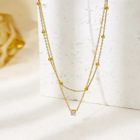 Elegant Double Layer Stainless Steel Gold Bead Choker Necklace For Women With Rhinestone Pendant Delicate Chic Jewelry Gift