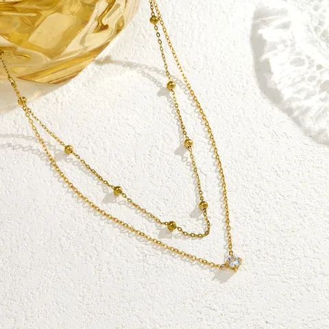 Elegant Double Layer Stainless Steel Gold Bead Choker Necklace For Women With Rhinestone Pendant Delicate Chic Jewelry Gift