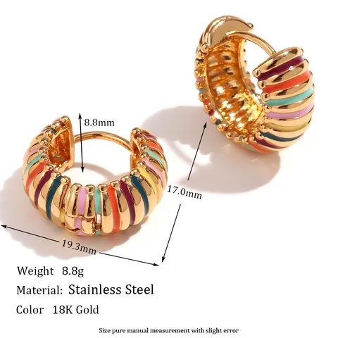 Rainbow Enamel Stripe Hoop Earrings 18K Gold Plated Stainless Steel Colorful Textured Fashion Jewelry For Women