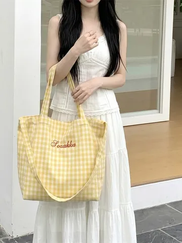 Gingham Karo Canvas Tote Bag Große Kapazität Schulter Umhängetasche Mit Buchstaben Stickerei Für Studenten Alltag